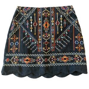 Navy Corduroy Mini Skirt Tribal Aztec Crochet  Scallop Hem Embroidered Geometric